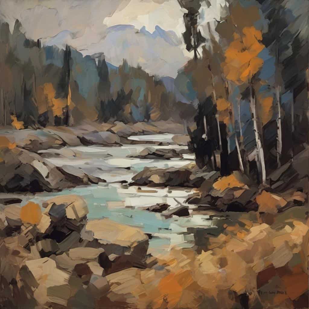 Παραλία με βουνά και δέντρα, ζωγραφική με έννοιες εξέλιξης τεχνικής στον καμβά, φυσική ομορφιά, τοπίο με λαχούρια και πλούσια χρώματα, εμπνευσμένο από την τέχνη και την καλλιτεχνική εξέλιξη.