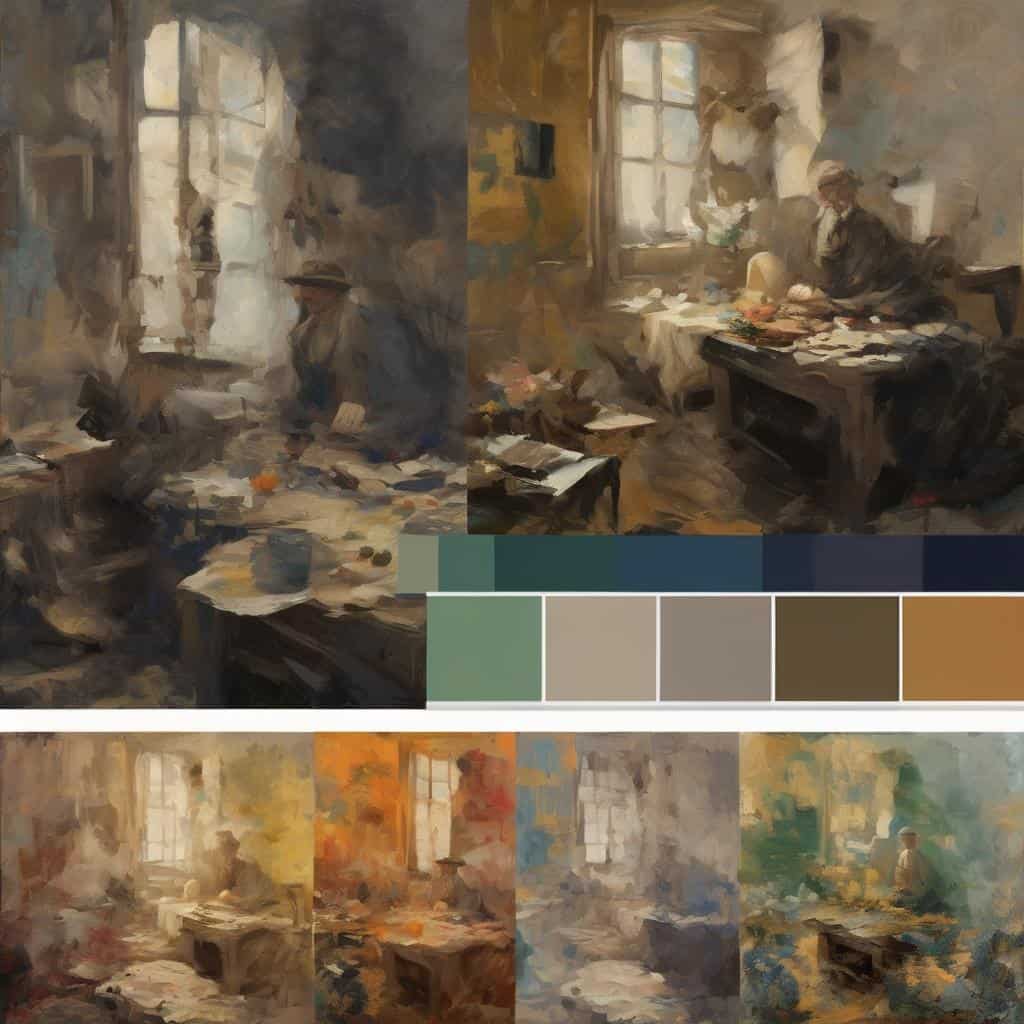 Οθόνη με πίνακα ζωγραφικής που αναδεικνύει την εξέλιξη της τεχνικής στον καμβά, με διαφορετικά στυλ και παλέτες χρωμάτων, σε ένα εργαστήριο τέχνης με φυσικό φωτισμό.