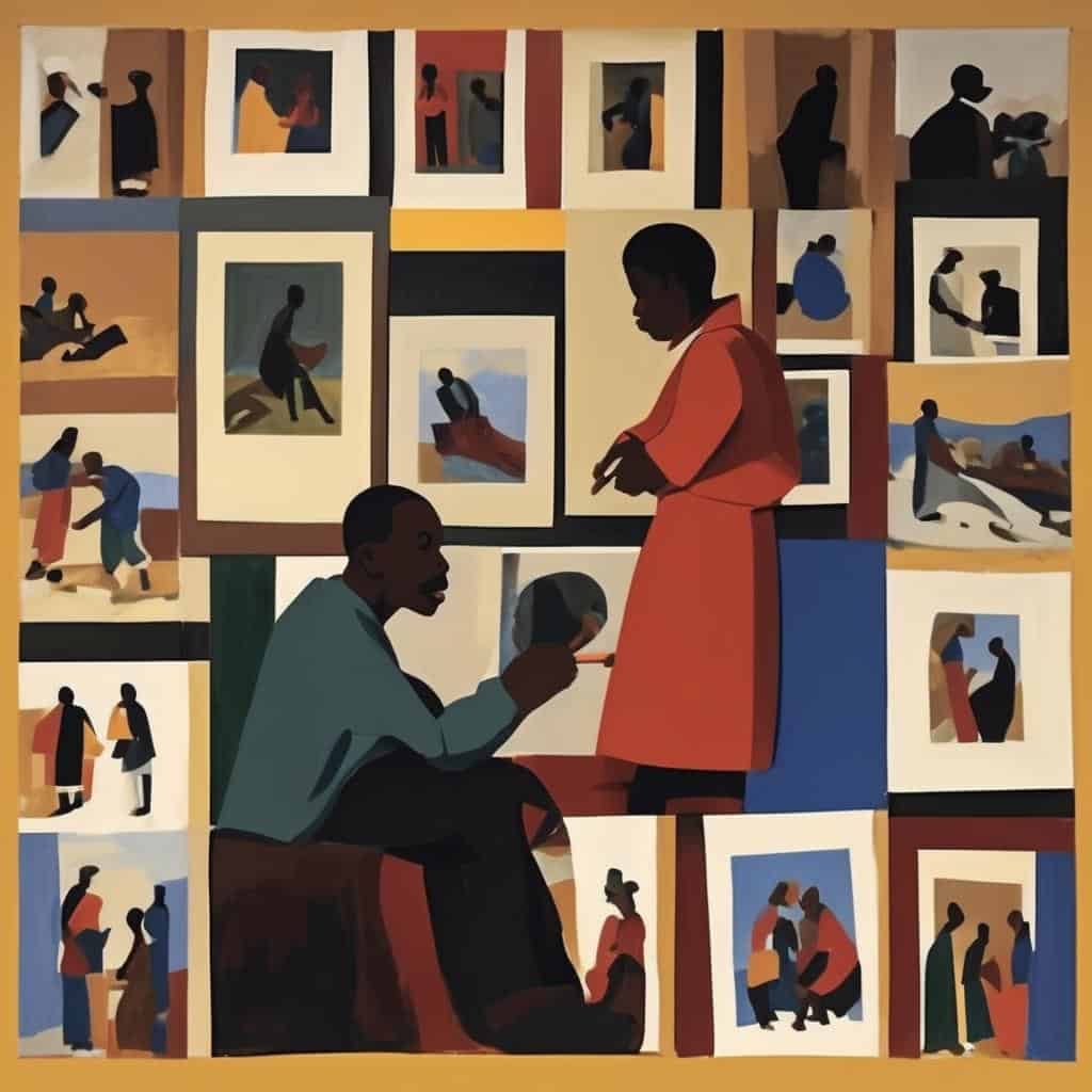 Ζωγραφικό έργο «Η Εξέλιξη της Τεχνικής στον Καμβά», αφηρημένη τέχνη με σκίτσα ανθρώπων σε διάφορες πτυχές της ζωής, εκφράζοντας την εξέλιξη και την τεχνική στην τέχνη του πίνακα.