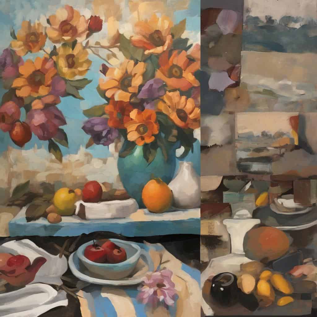 Λουλούδια σε βάζο με φρούτα σε still life, εκπληκτική τεχνική ζωγραφικής στον καμβά, αποδίδοντας την εξέλιξη της τεχνικής στην τέχνη της ζωγραφικής.